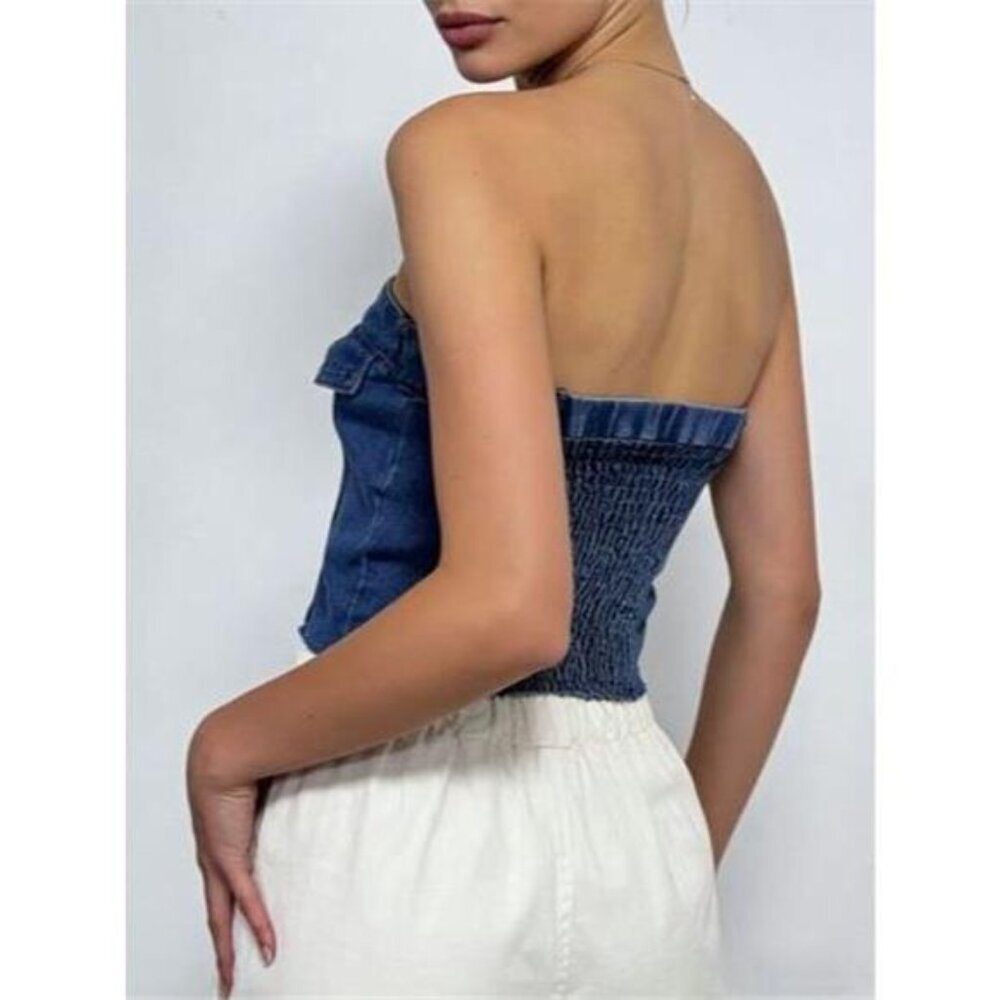 Button Front Denim Tube Top - Picture 3 of 5
